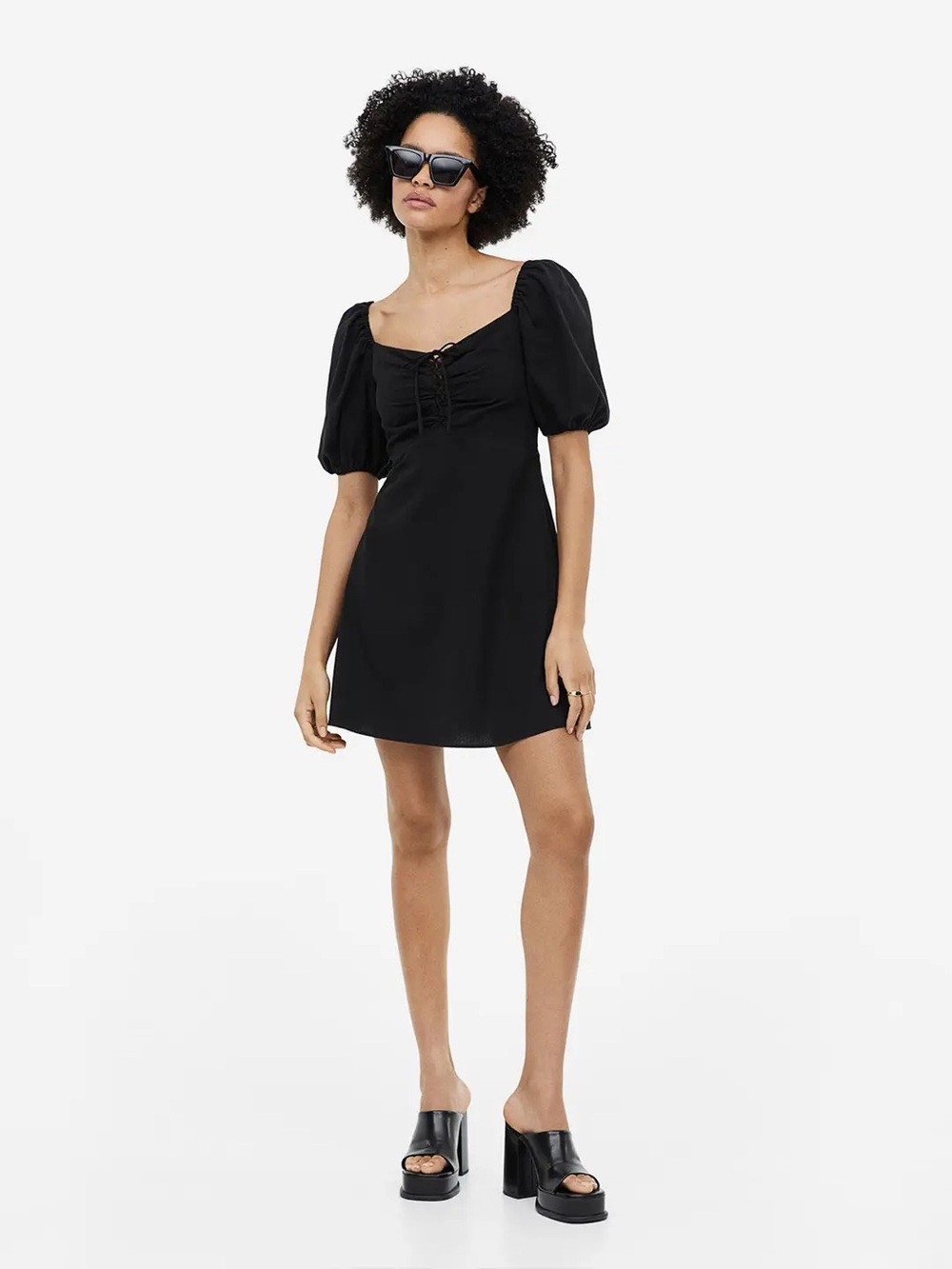 H&M Black Linen Blend Mini Dress Puff Sleeve Tie-Front Smocked Back Size S